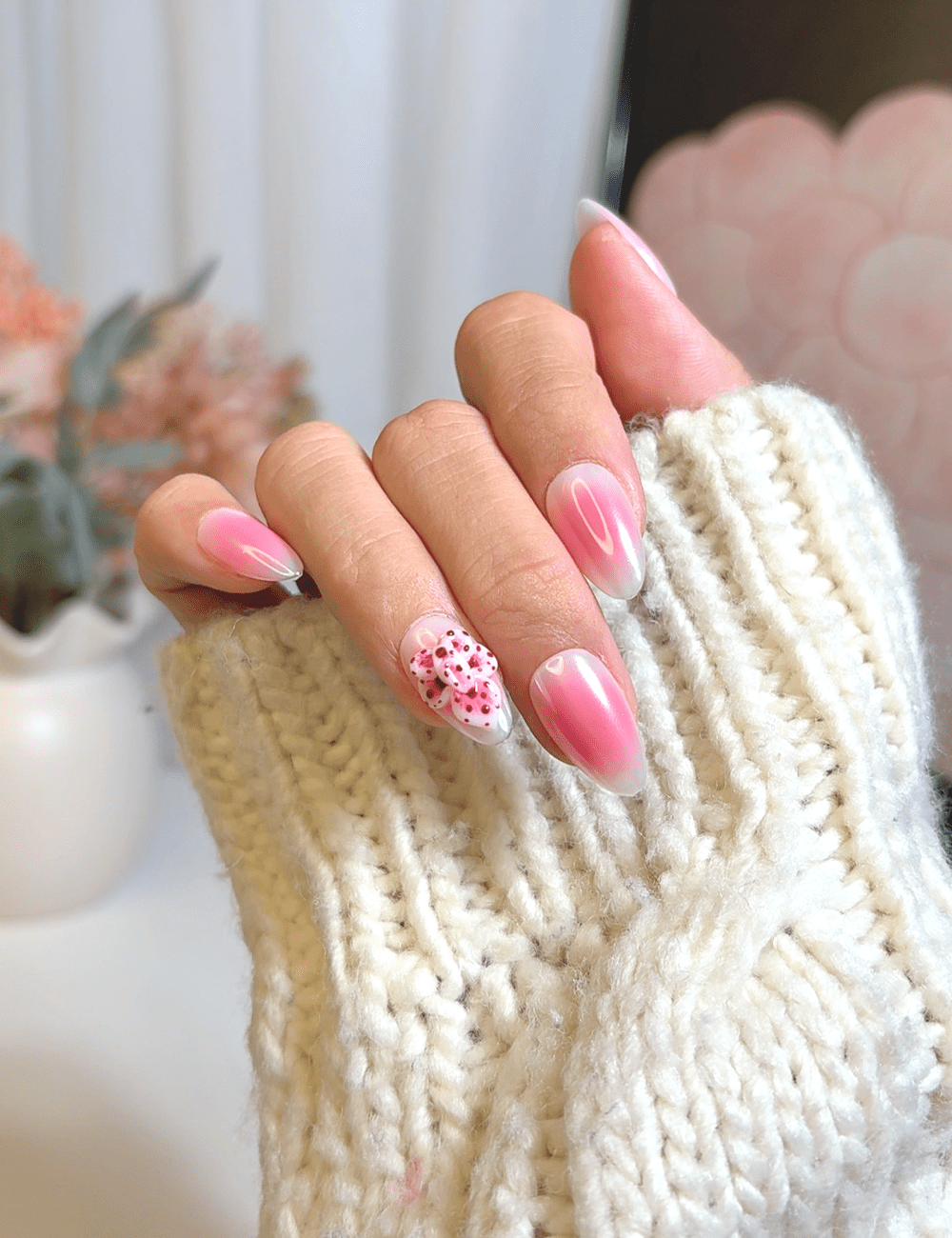 Cherry Bow & Pink Aura – Short Almond