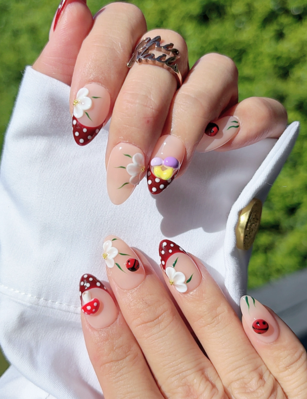 Strawberry Dot – 3D Floral Medium Almond Press-On Nails