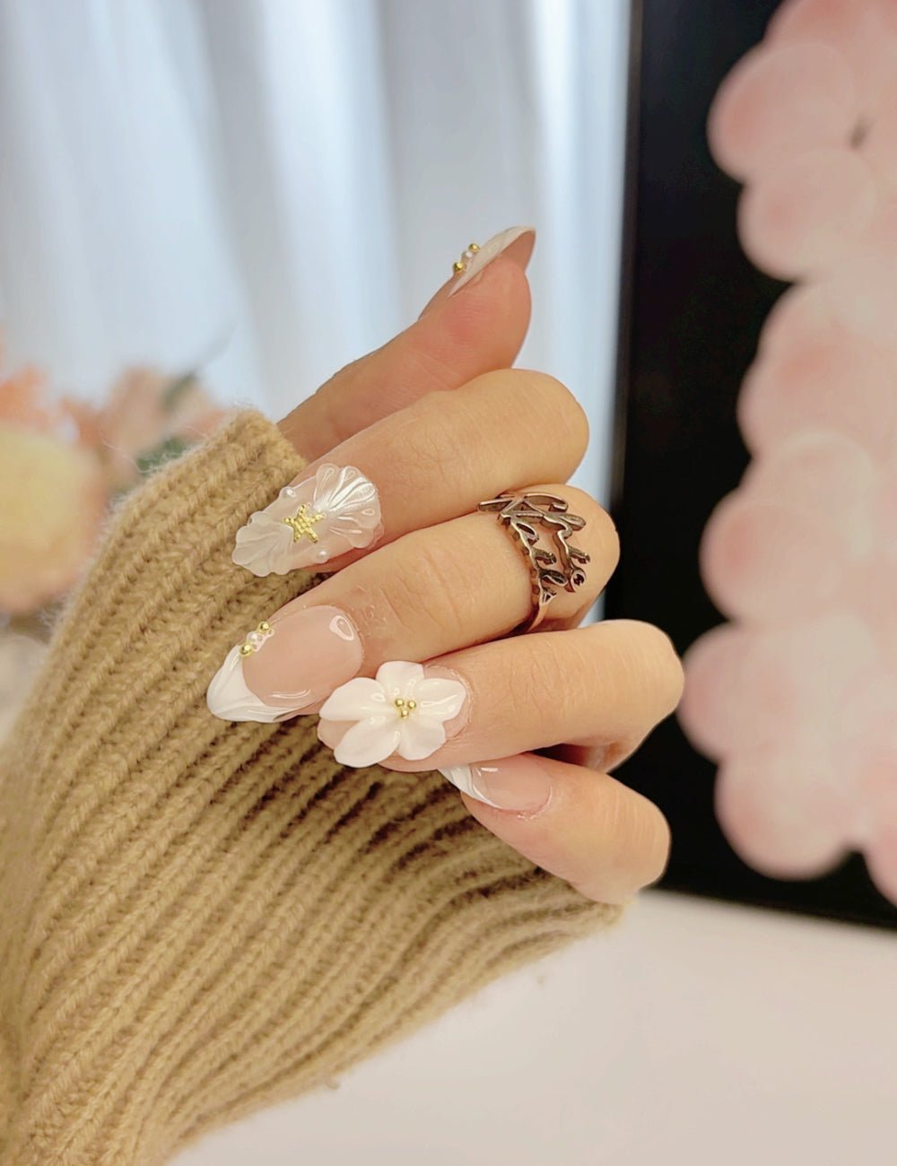 Handmade White French Pearl 3D Floral Short Almond Press-On Nails