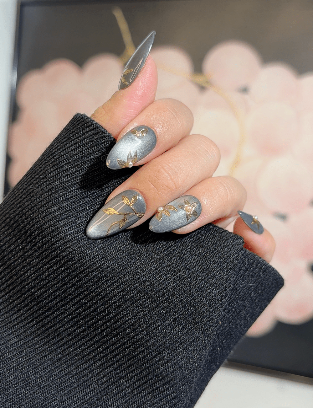 Silver Cat Eye Press-On Nails with Gold Floral Design – Medium Almond Elegant Look