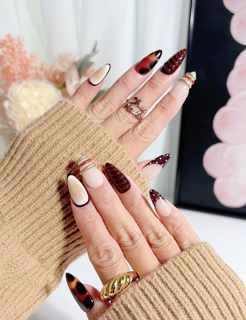 Dark Mocha Chocolate 3D Swirl & Gold Ring Press On Nails | Medium Almond Luxury Edition