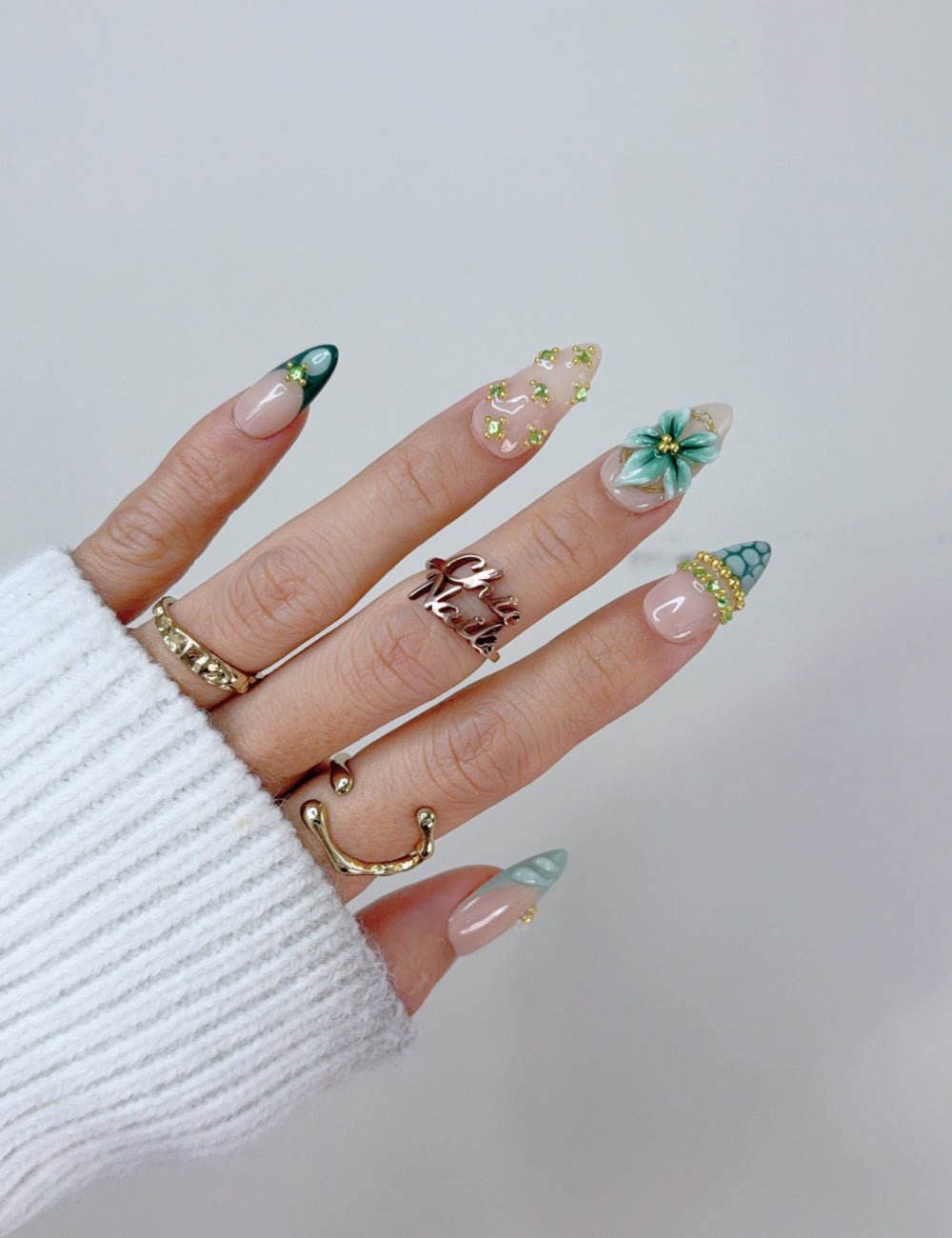 Emerald Green 3D Floral Medium Almond Press On Nails