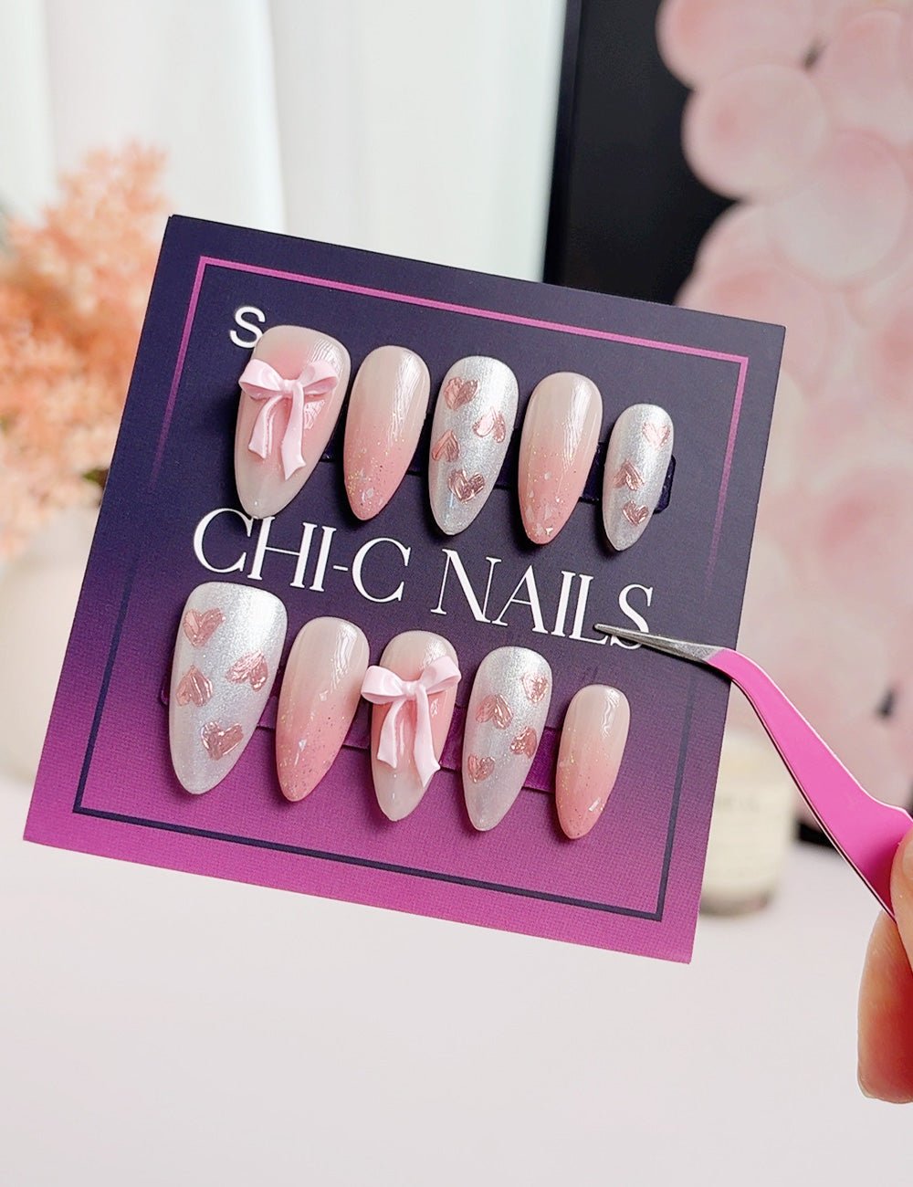 Pink Heart Press-On Nails | Short Almond Romantic Handmade Set
