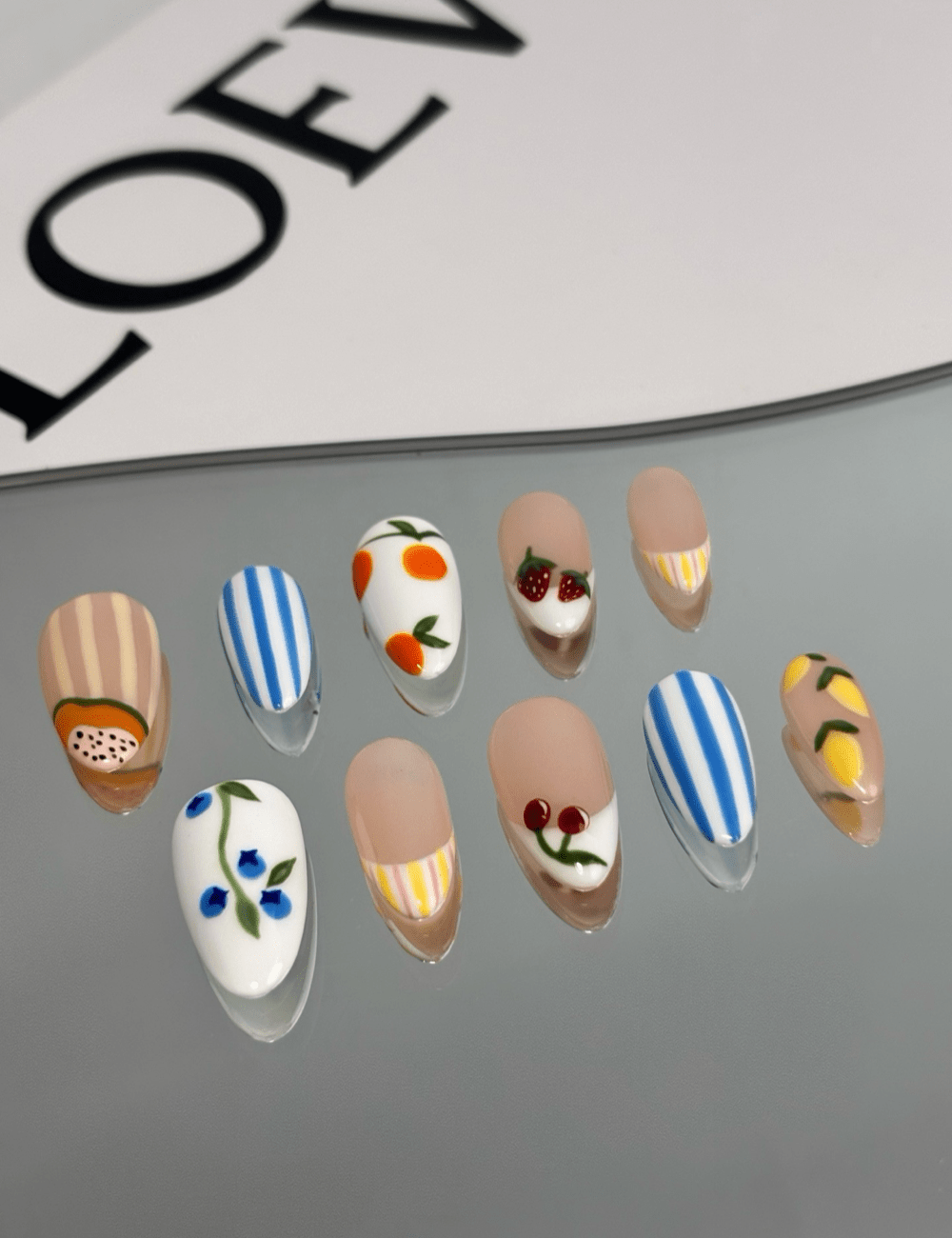 Fruit Mix Press-On Nails – Medium Almond | Summer Stripes & Fruity Design