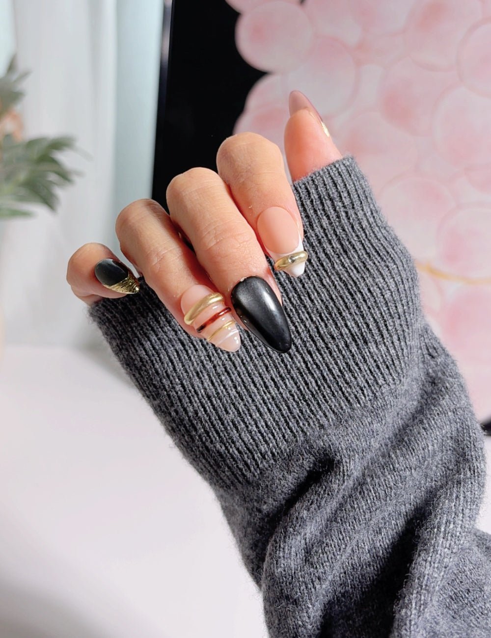 Handmade Gothic Black Nails with Gold Accents - Reusable Medium Almond Luxury Manicure