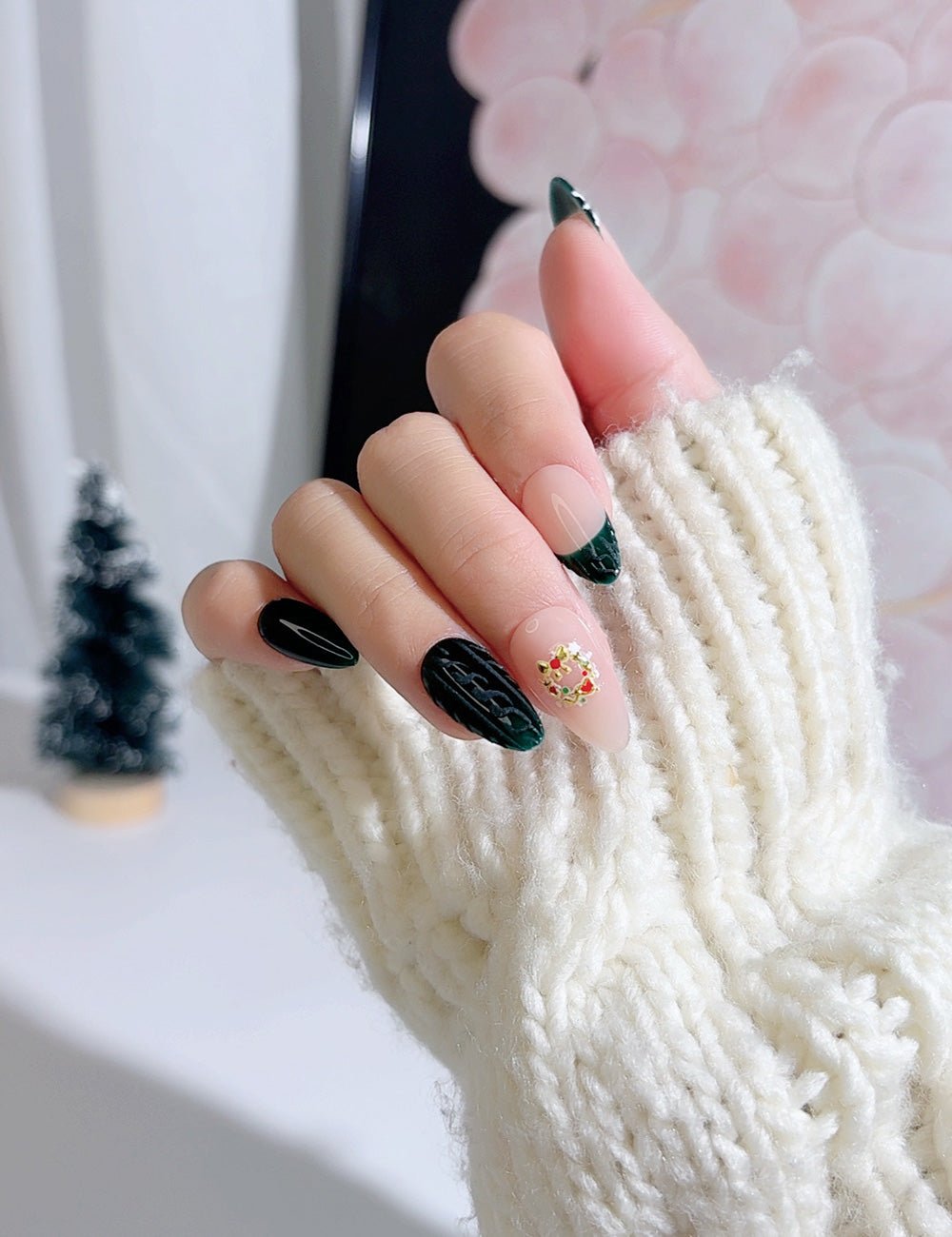 Handmade Press On Nails Dark Green Christmas French Design Reusable Fake Nails CHICNAILS