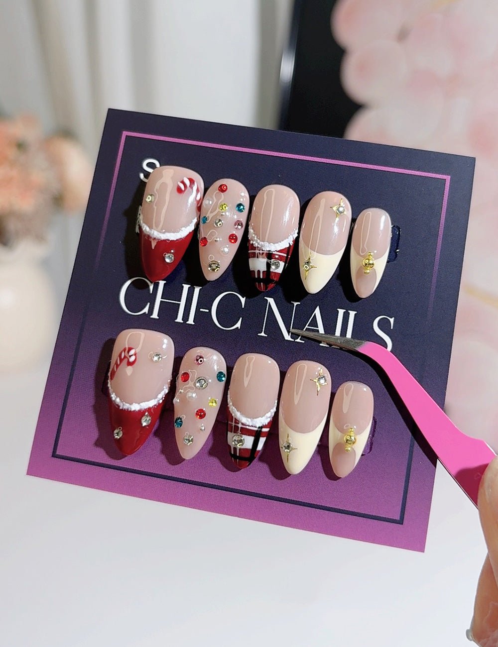 Handmade Press On Nails Christmas Plaid Festive Design Reusable Fake Nails CHICNAILS