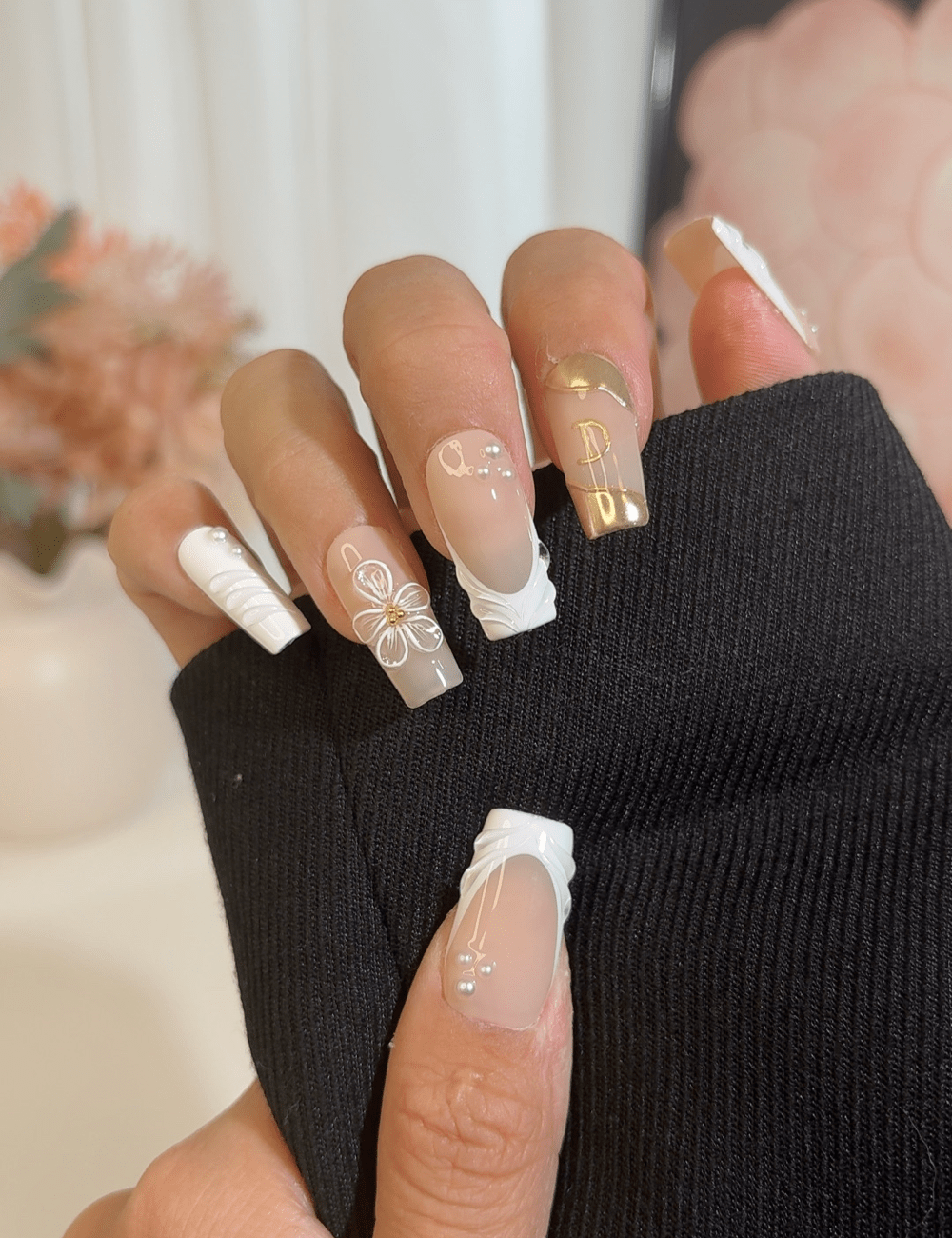 Elegant Gold & White Lettering Press-On Nails – Long Square with 3D Flower & Ribbon Accents