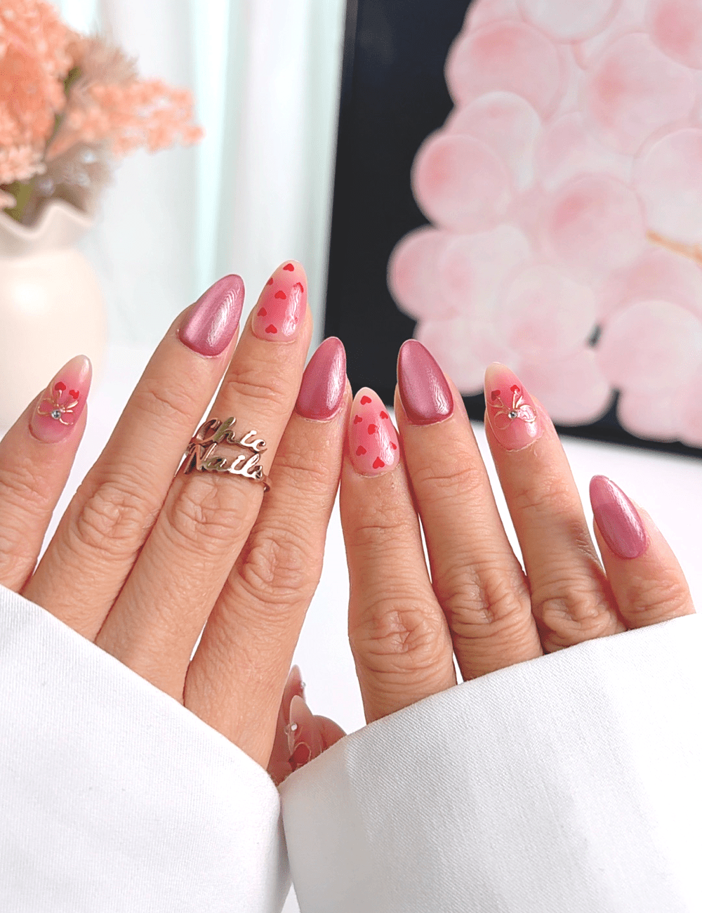 Valentine Heart Chrome Press On Nails – Short Almond Pink Love Design