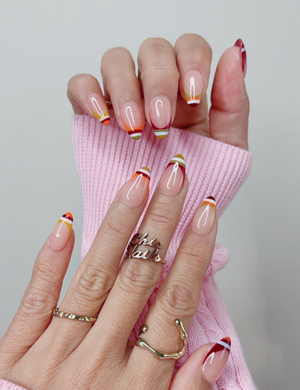 Orange French Short Almond Press On Nails | Handmade Acrylic Nails