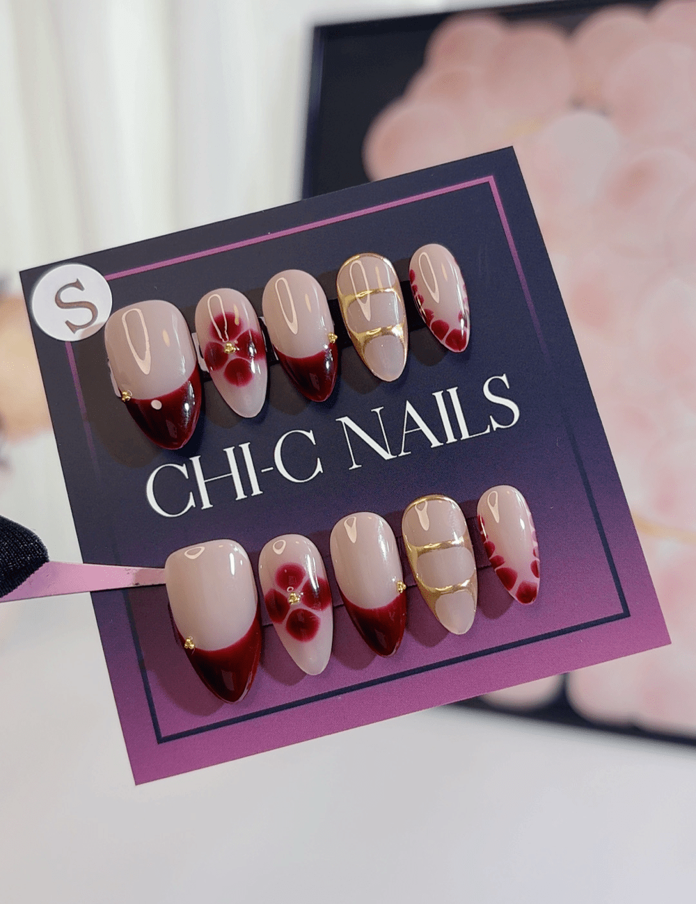 Burgundy Floral French Press-On Nails | Medium Almond