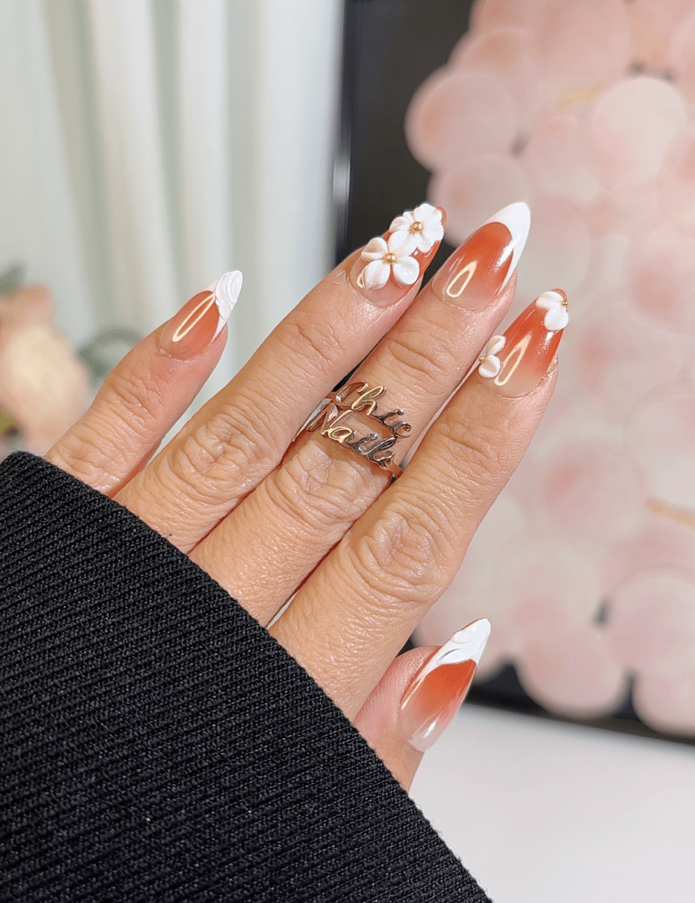 Rusty Brown 3D Floral French Press-On Nails – Autumn Elegance | CHICNAILS