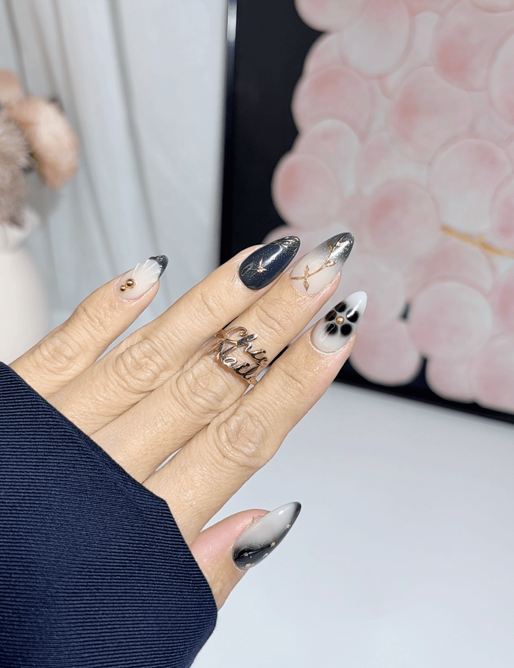 Midnight Bloom Gold Line Press On Nails