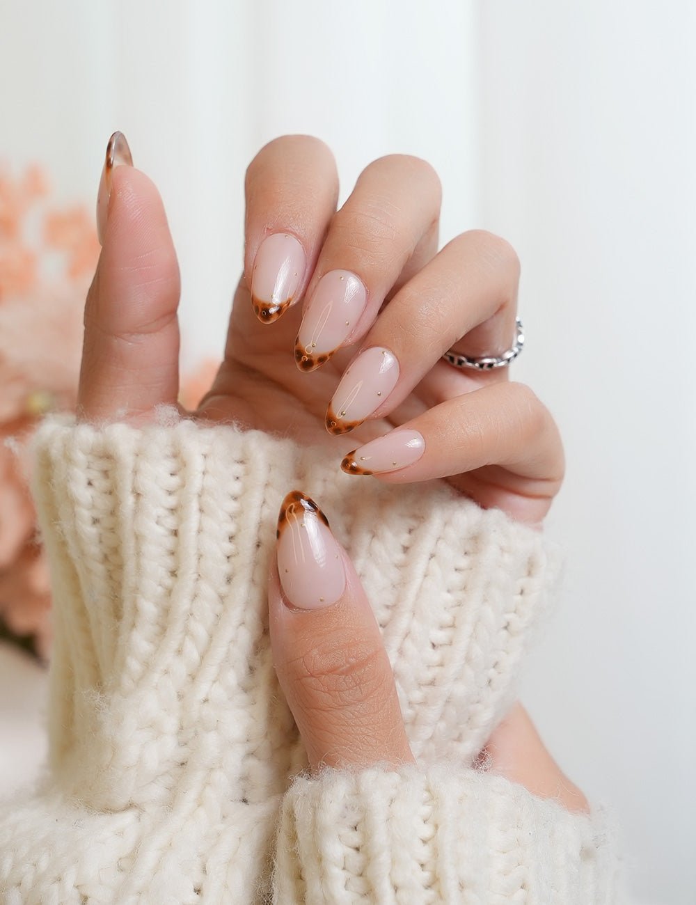 Tortoise Tips | Short Almond Tortoise Shell French Tip Press-on Nails - Chic Handmade Autumn Aesthetic