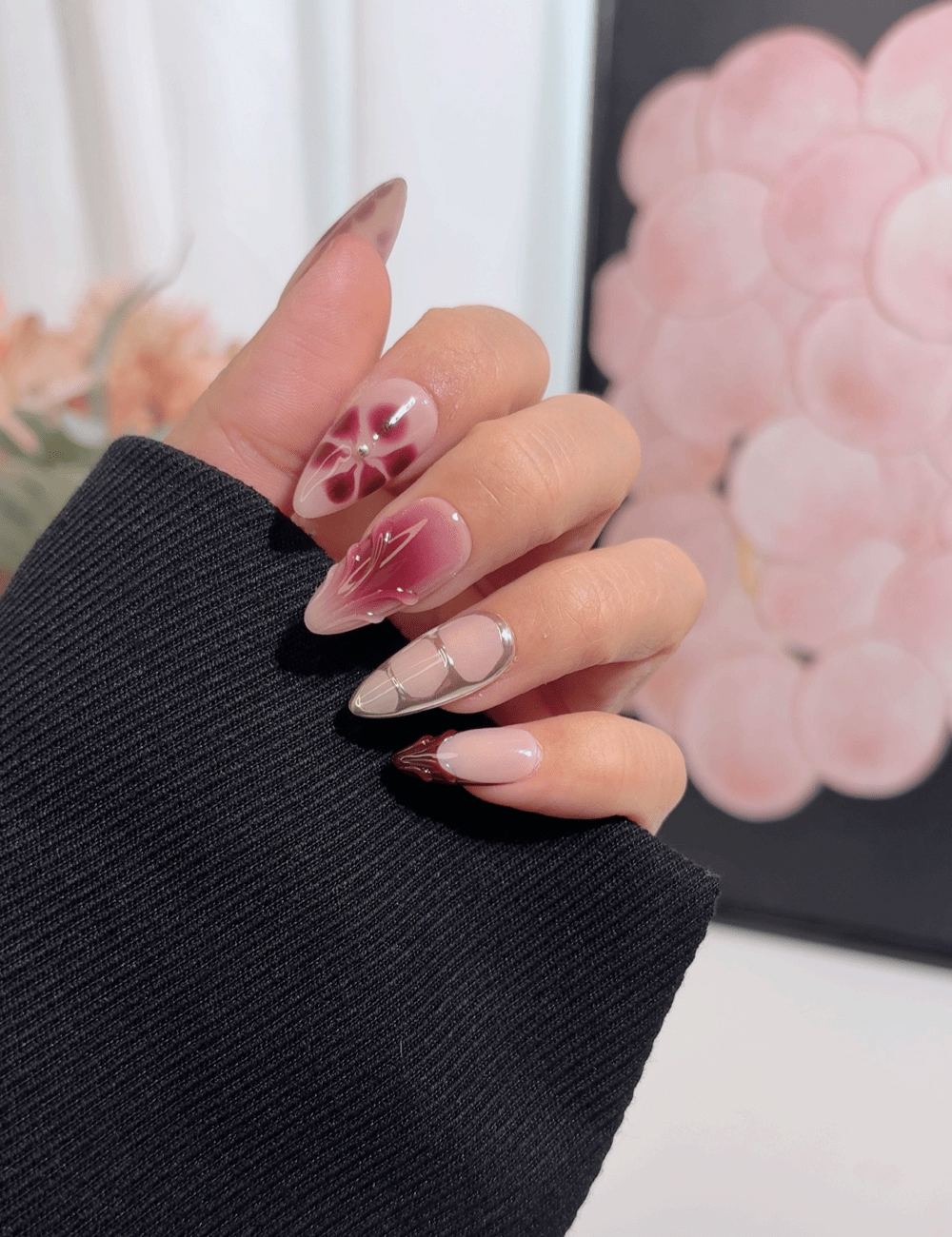 Medium Floral Art Press-On Nails – Burgundy Petal & Silver Line Design