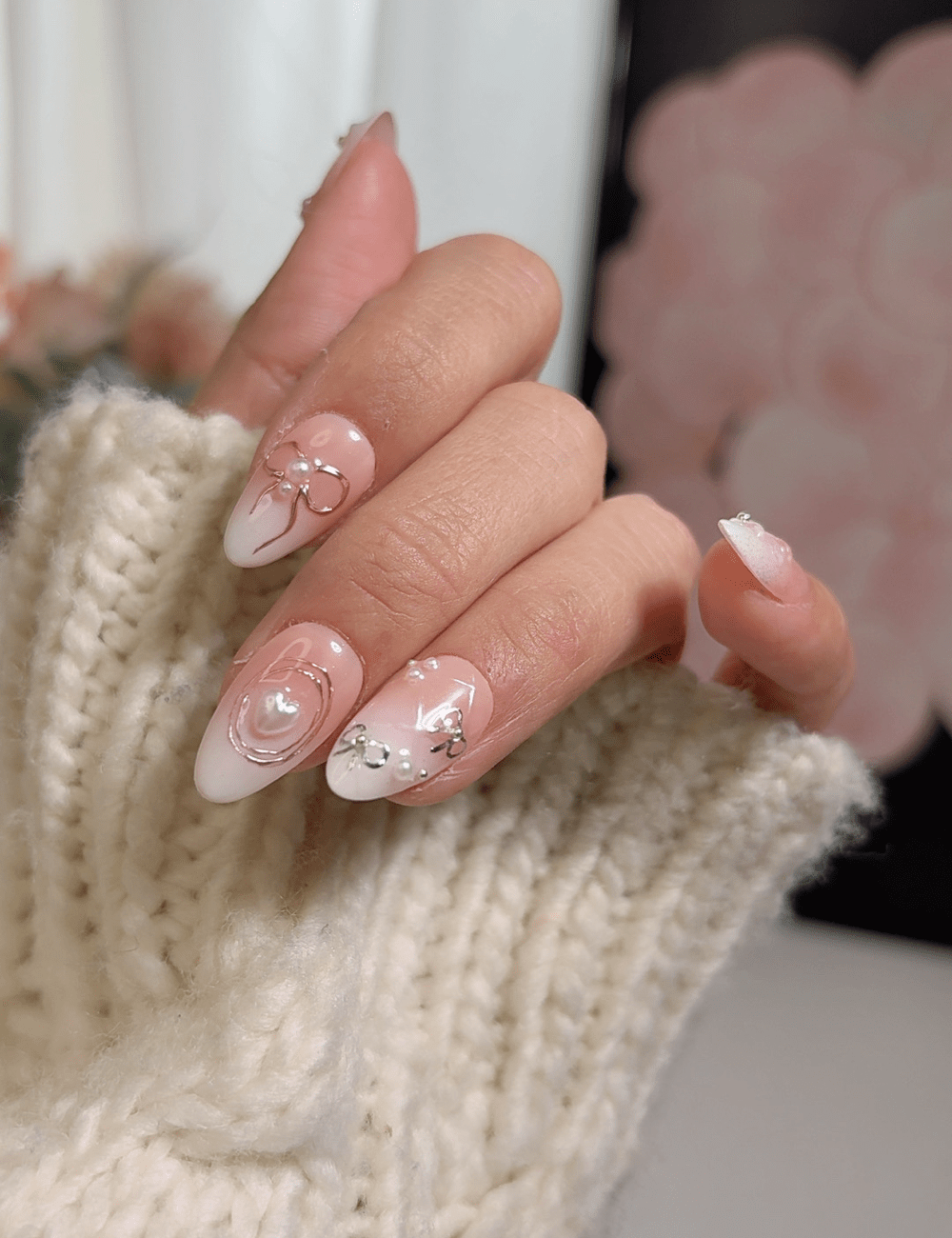 Blush Bow 3D Press-On Nails – Short Almond Romantic Set
