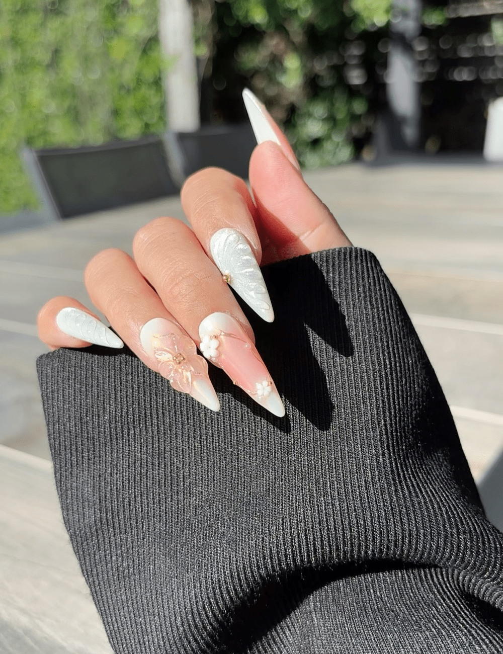 3D Butterfly & Floral Press-On Nails – Long Stiletto Pearl White with Gold Accents