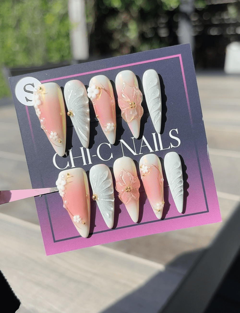 3D Butterfly & Floral Press-On Nails – Long Stiletto Pearl White with Gold Accents