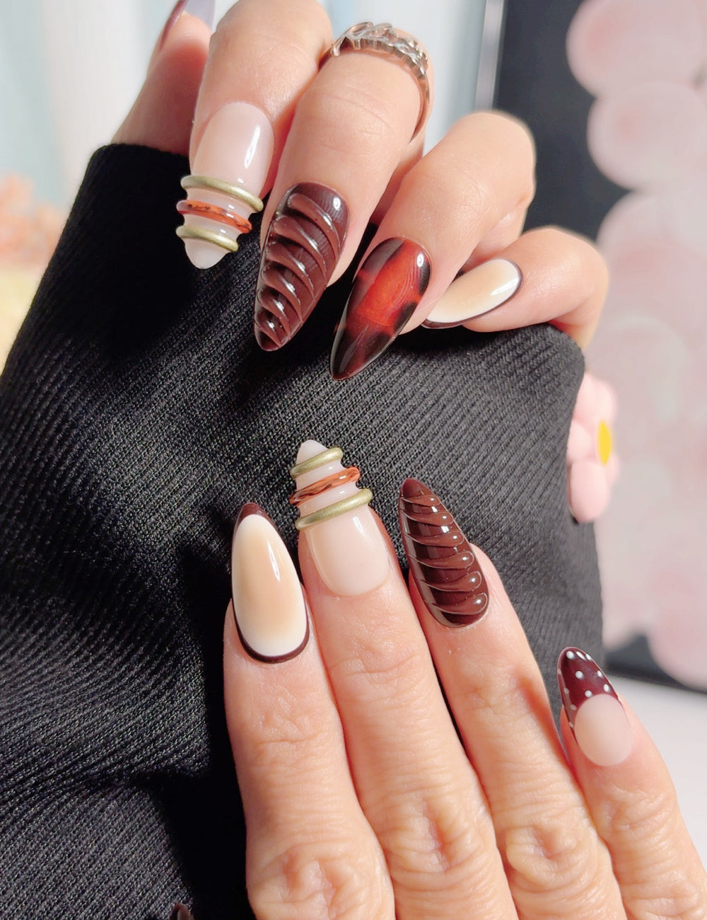 Dark Mocha Chocolate 3D Swirl & Gold Ring Press On Nails | Medium Almond Luxury Edition