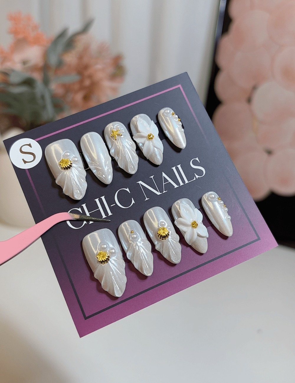 Pearl White 3D Floral Press-On Nails – Medium Almond