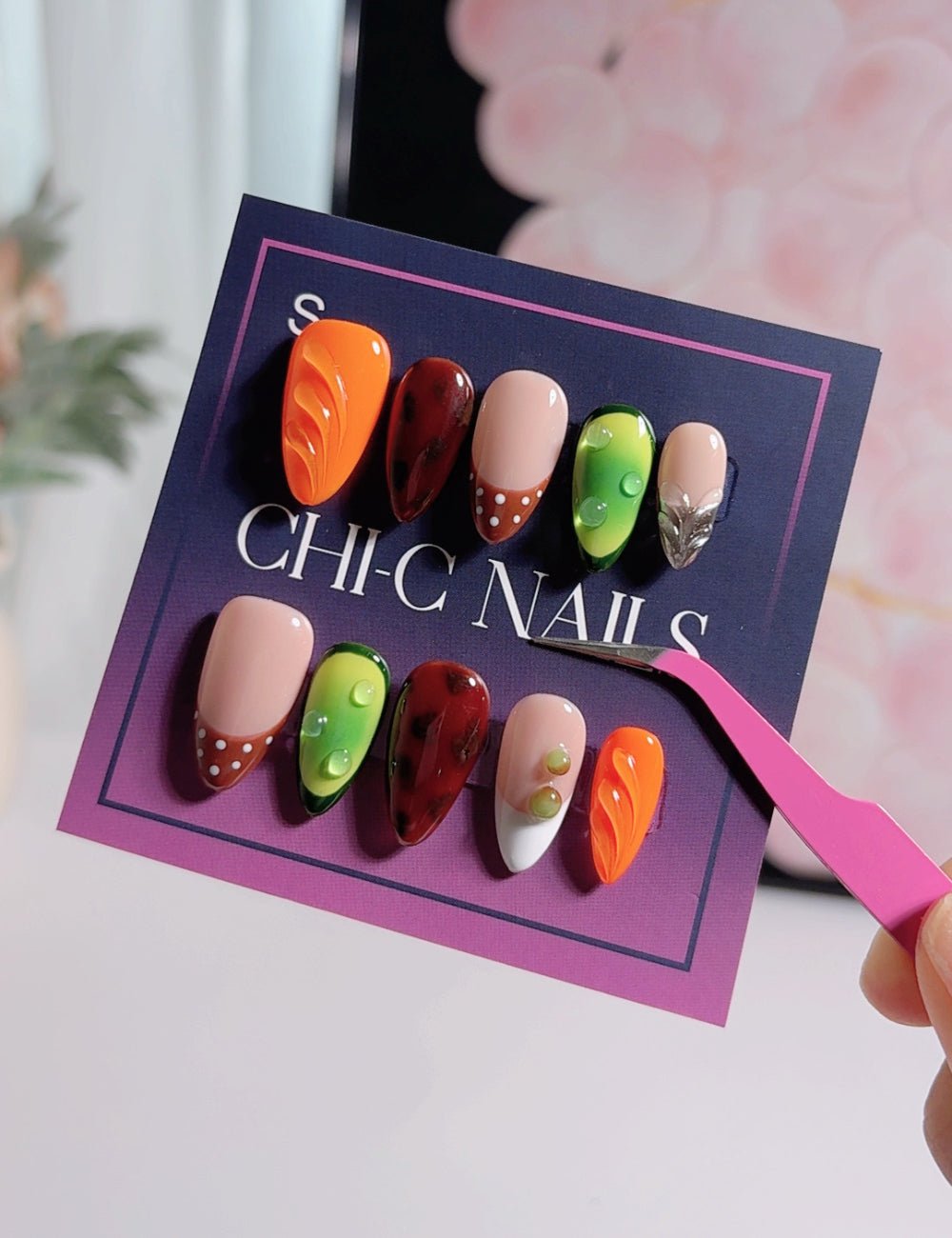 Custom 3D Water Drop Press-On Nails - Vibrant Green & Orange Reusable Nails - Medium Almond