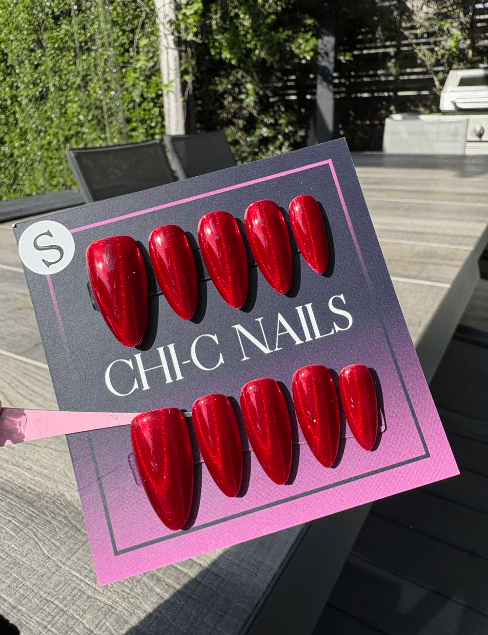 Deep Ruby Red Press-On Nails – Medium Almond Glossy Finish
