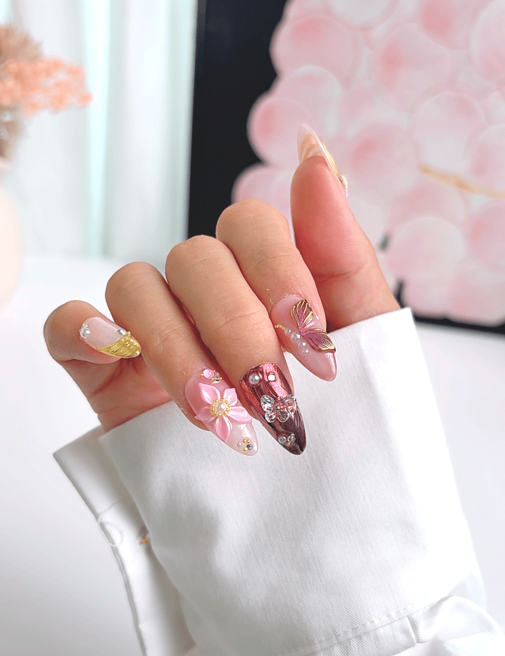 Luxury 3D Flower Press On Nails – Medium Almond Pink Gold Butterfly Design