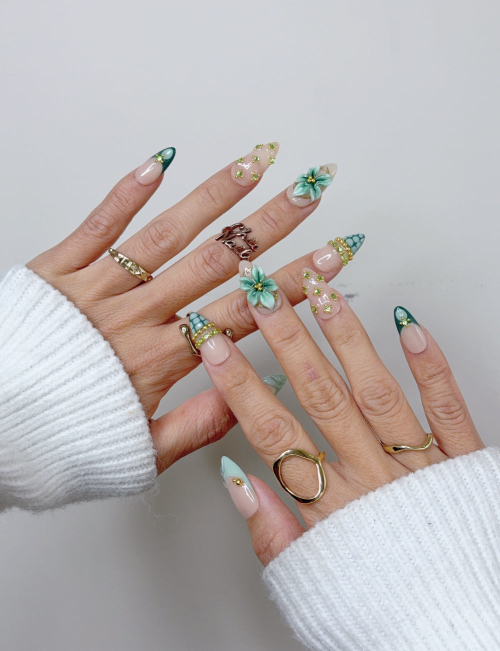 Emerald Green 3D Floral Medium Almond Press On Nails