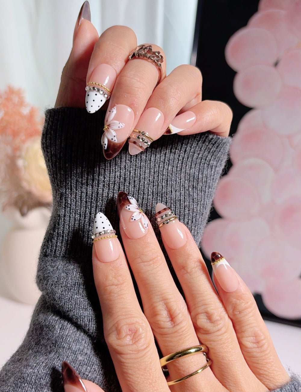 Handmade Medium Almond Press-On Nails - 3D Floral & Polka Dot Luxury Fake Nails