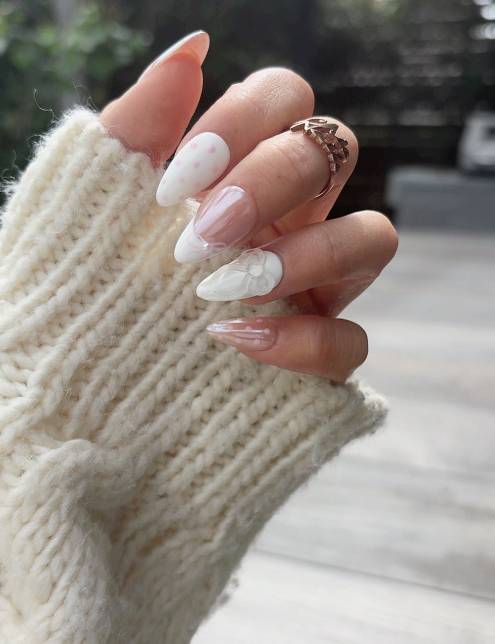 White Bow & Pink Dot Almond Press-On Nails