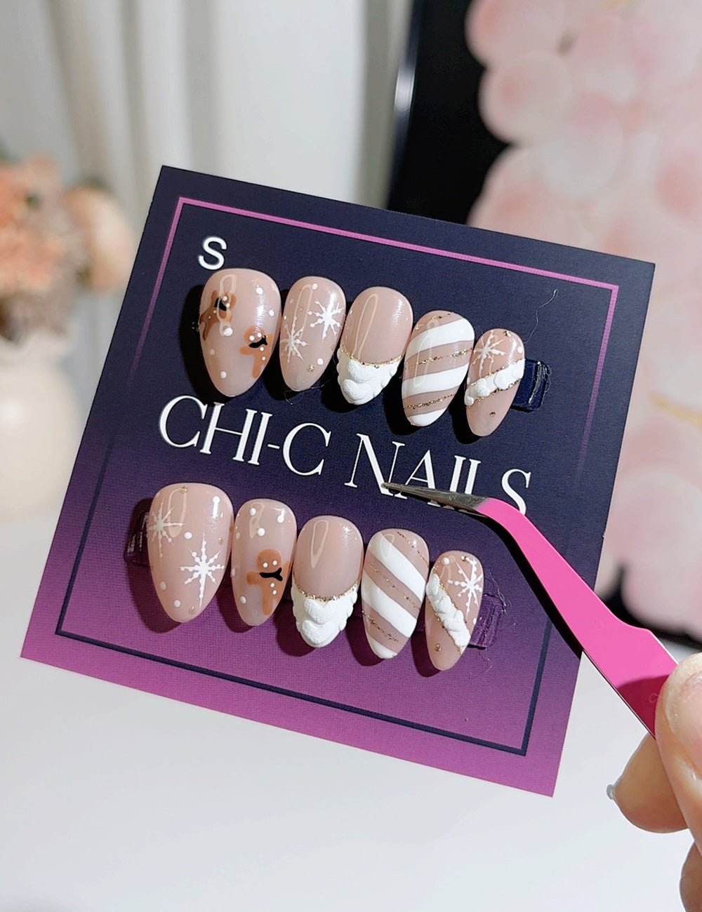 Handmade Press On Nails Winter Snowflake White Design Reusable Fake Nails CHICNAILS