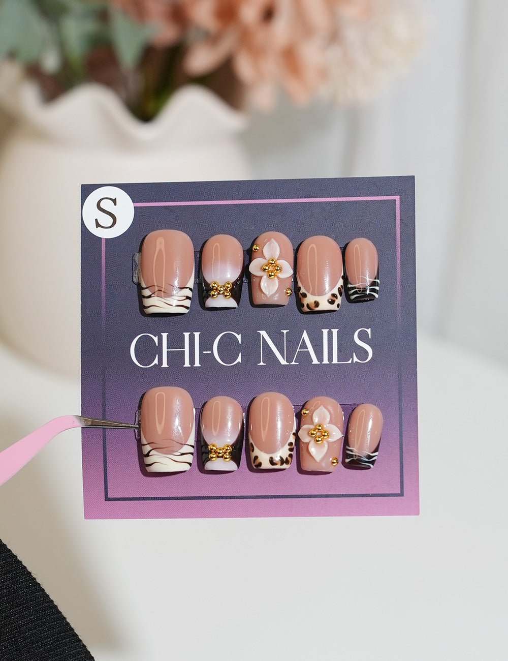 Leopard Floral Press-On Nails – Square Shape with 3D Flower Gold Details