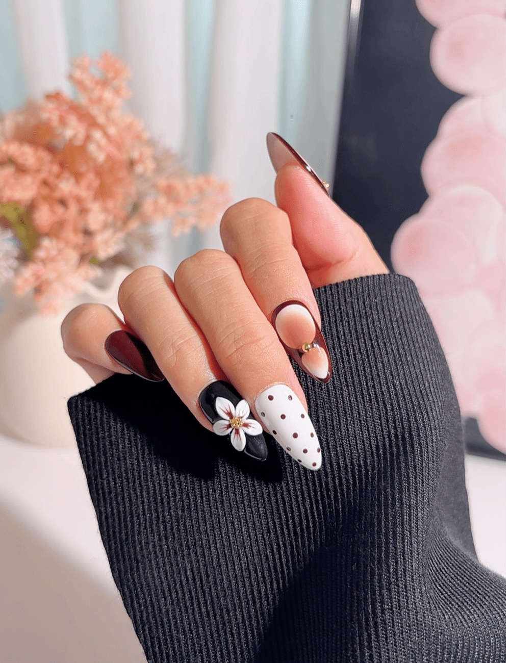 Brown Nude Floral Polka Dot Press-On Nails – Medium Almond