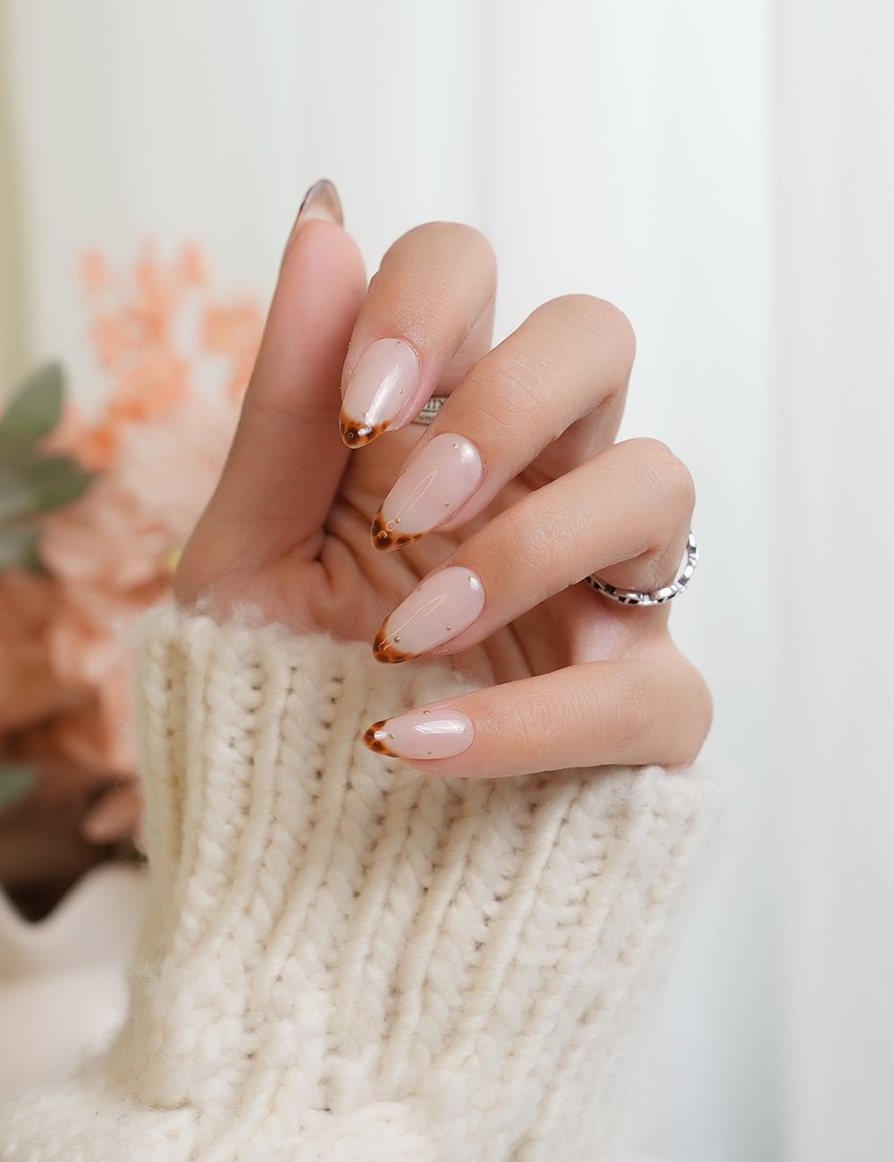 Tortoise Tips | Short Almond Tortoise Shell French Tip Press-on Nails - Chic Handmade Autumn Aesthetic