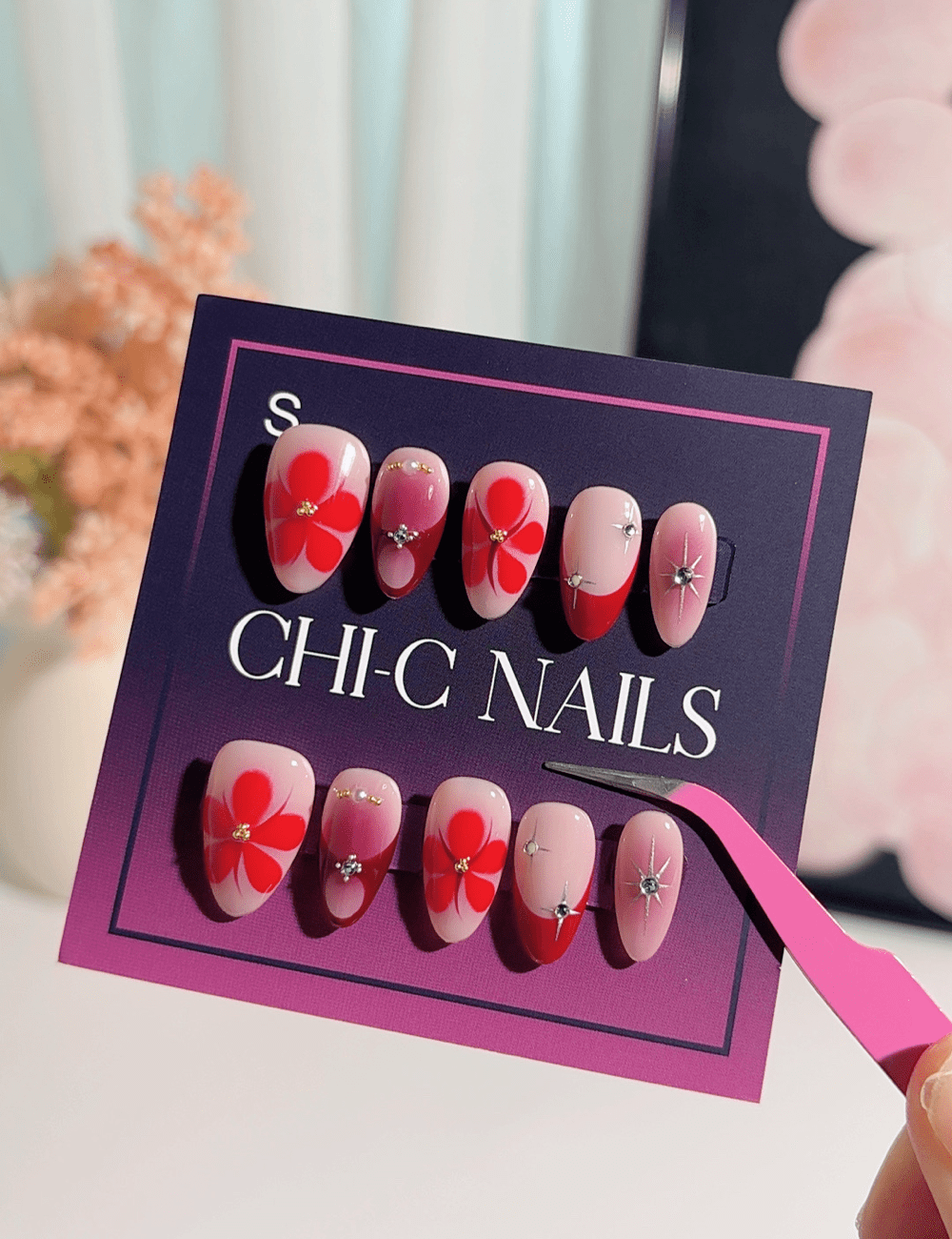 Pink Red Floral Press-On Nails – Short Almond