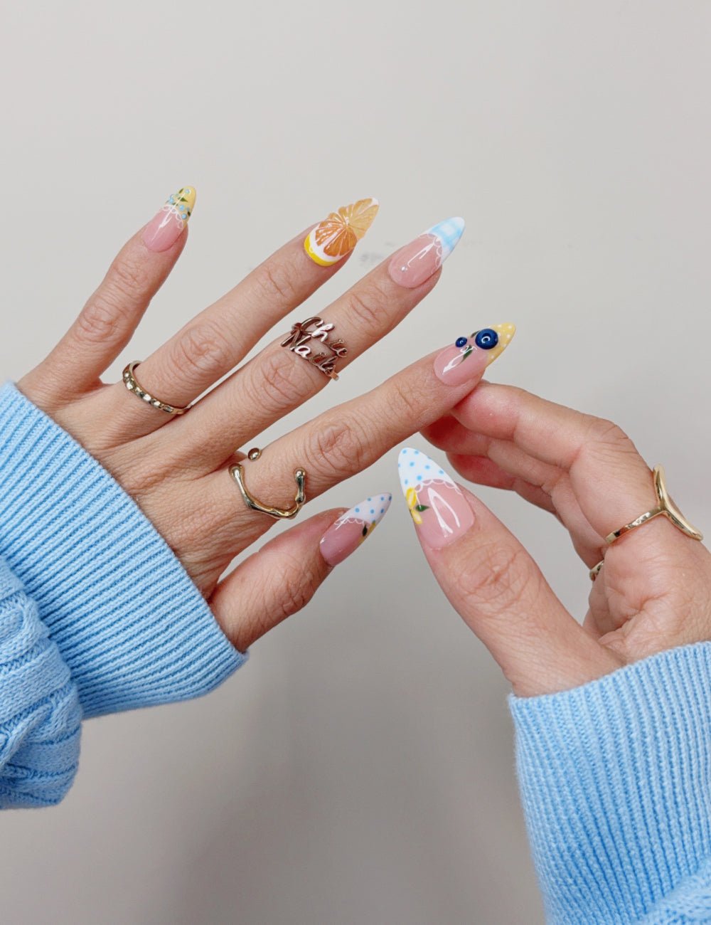 Orange & Blueberry Fruit Medium Almond Press On Nails