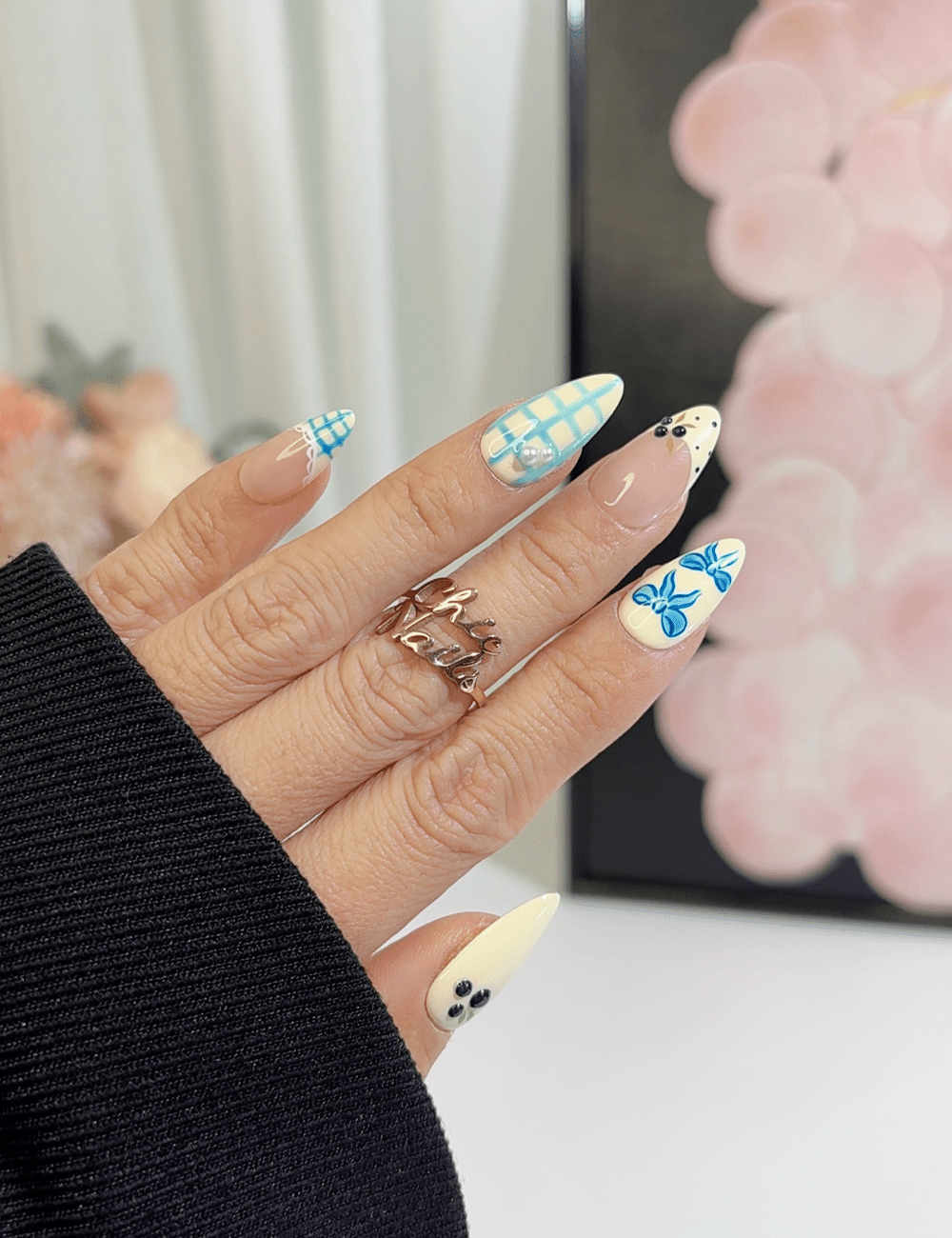 Blue Bow & Gingham Cute Press-On Nails – Medium Almond