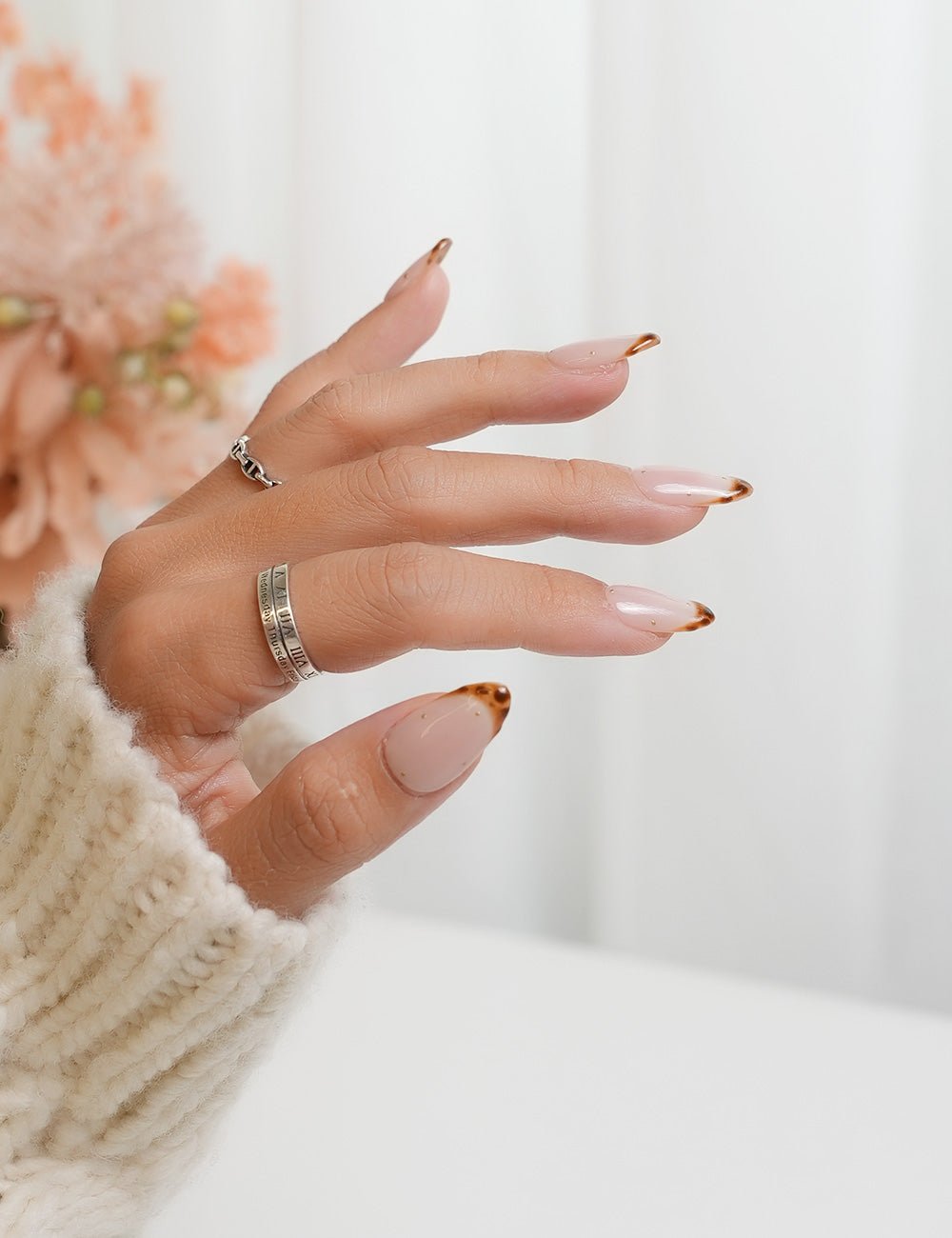 Tortoise Tips | Short Almond Tortoise Shell French Tip Press-on Nails - Chic Handmade Autumn Aesthetic