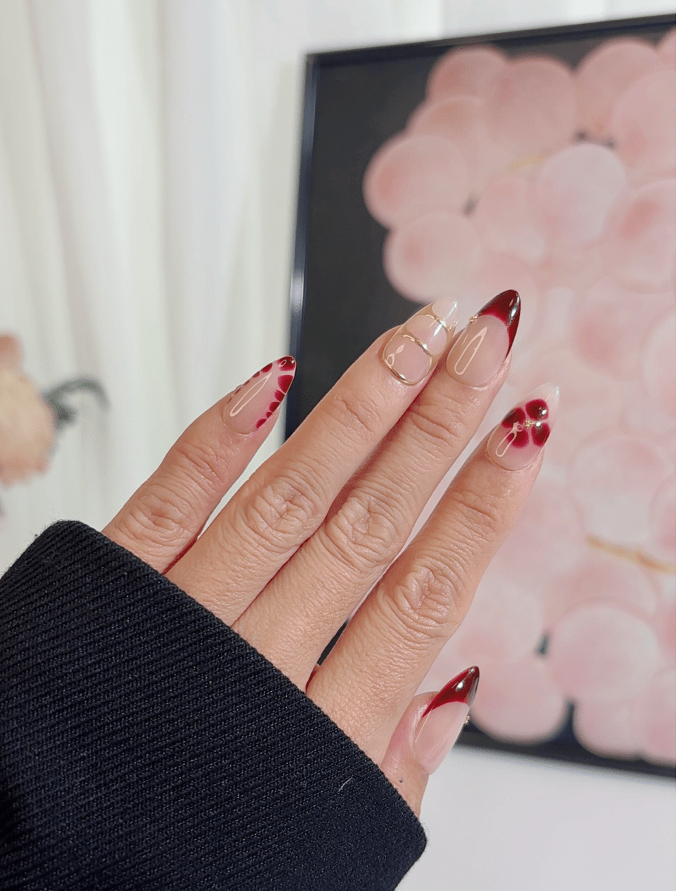 Burgundy Floral French Press-On Nails | Medium Almond