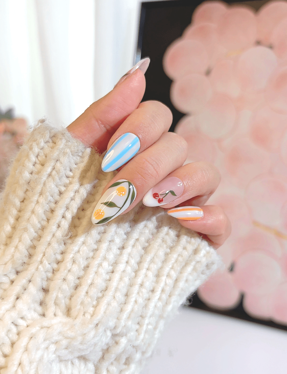 Fruit Garden Press-On Nails – Medium Almond | Colorful Summer Design