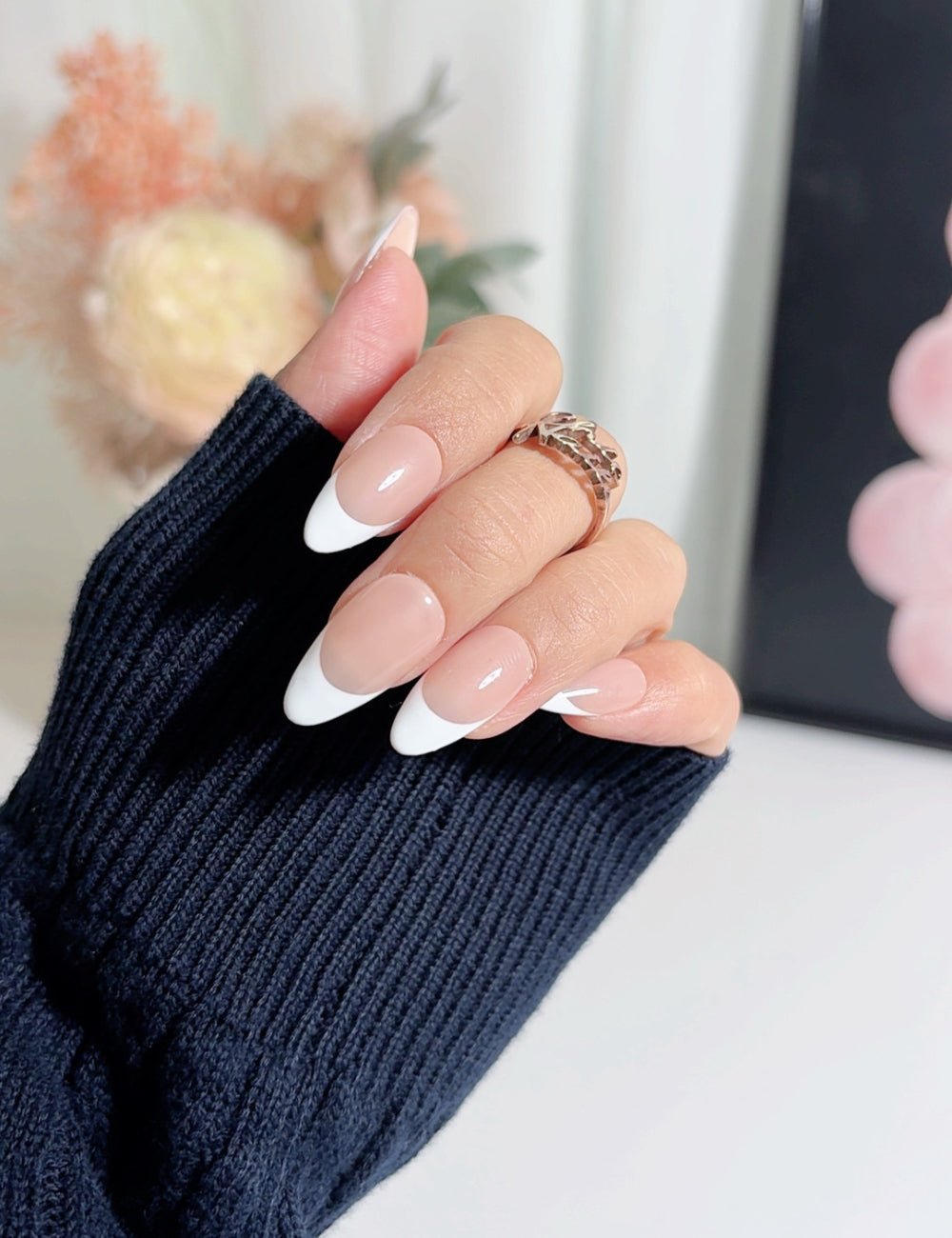 Classic White French Medium Almond Nails
