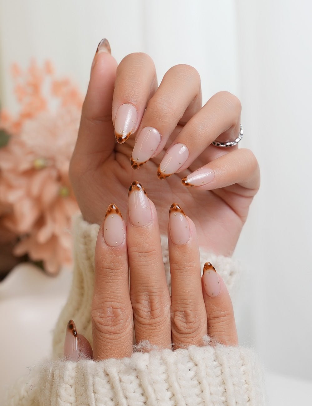 Tortoise Tips | Short Almond Tortoise Shell French Tip Press-on Nails - Chic Handmade Autumn Aesthetic