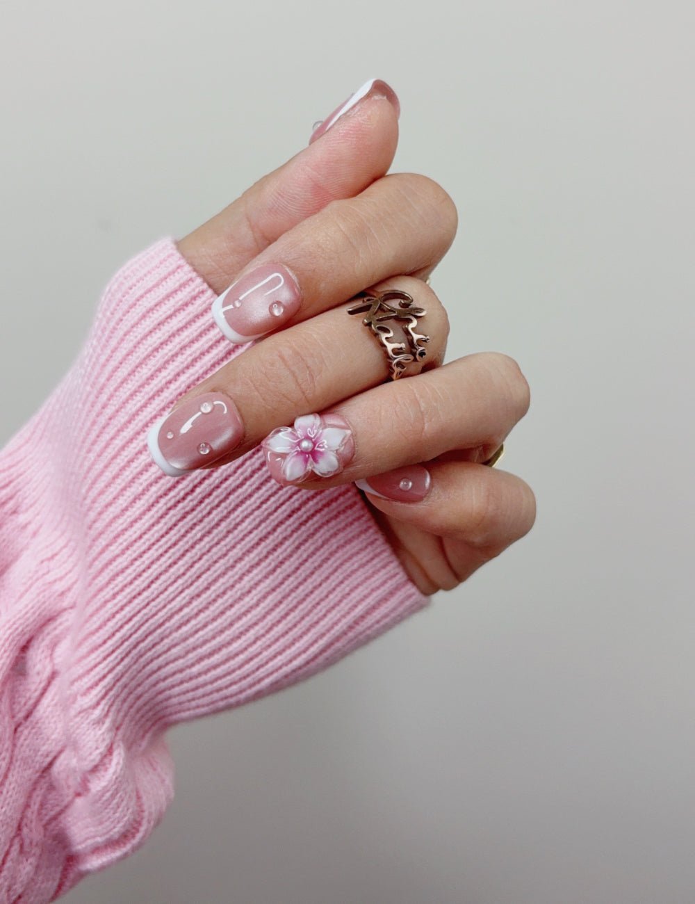 Pink Floral French Extra Short Square Press On Nails