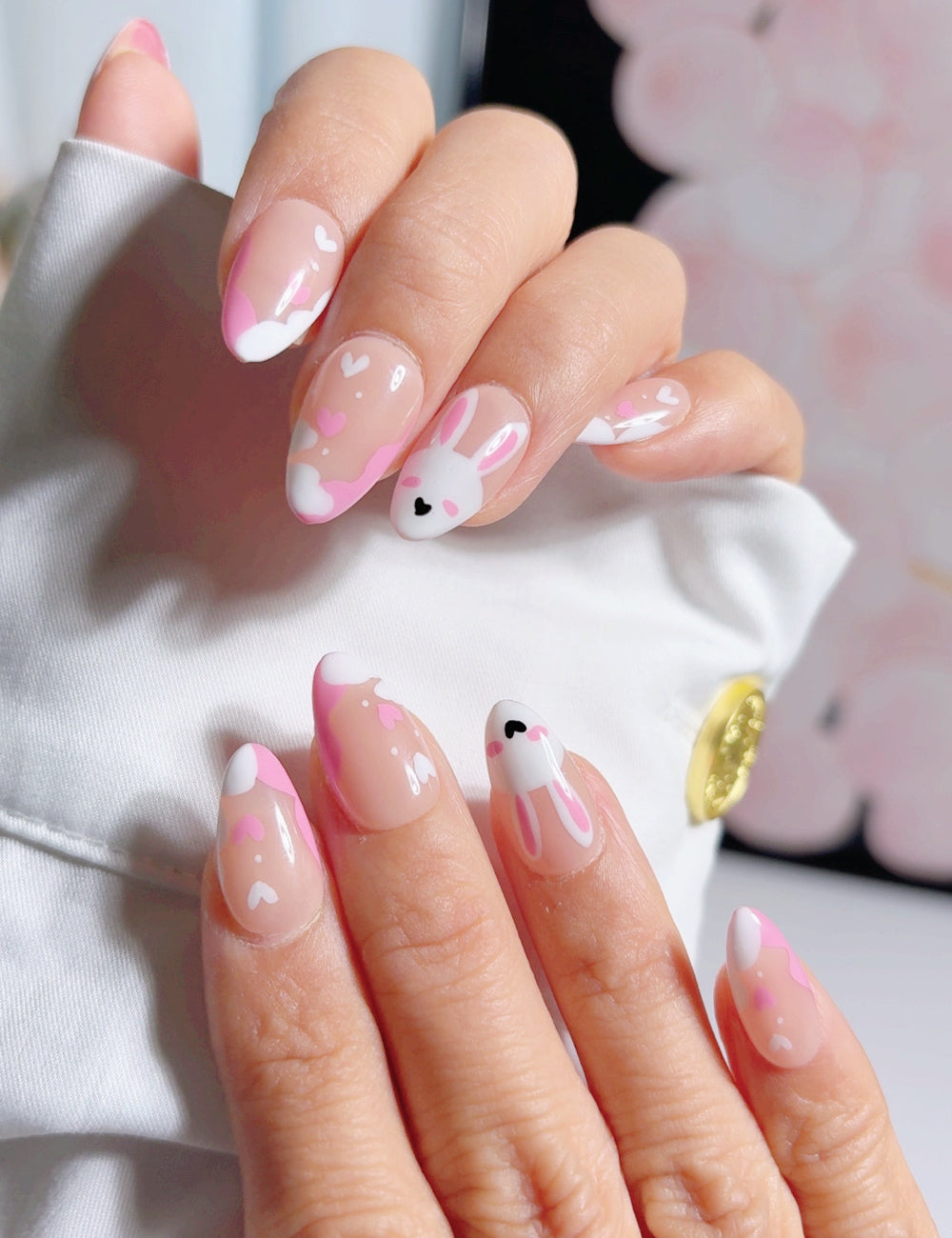 Sweet Pink Bunny & Heart Press On Nails | Kawaii Almond Edition