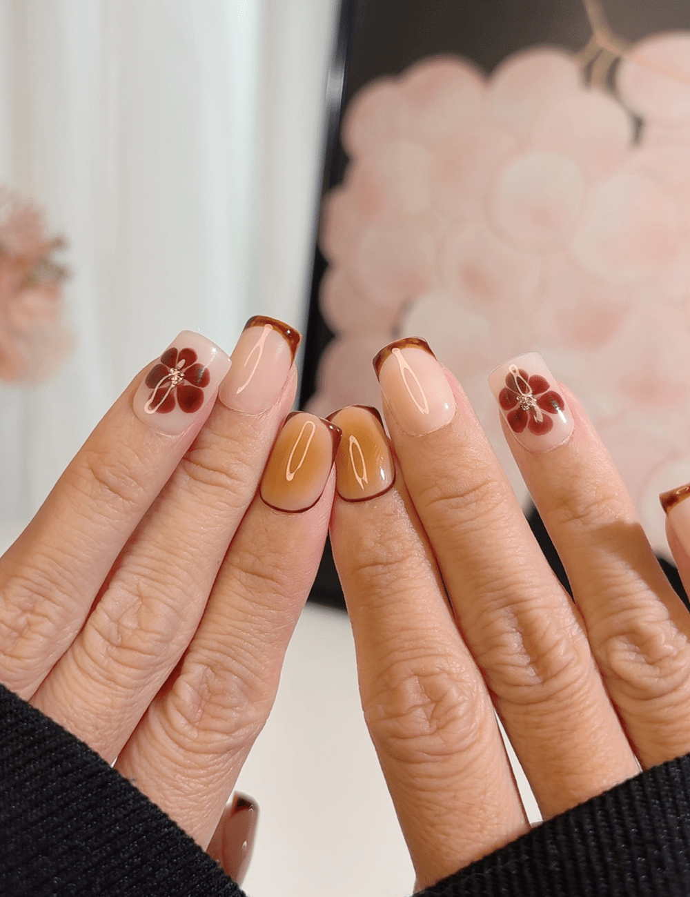 Amber French Press-On Nails with 3D Brown Flower – Middle Square Autumn Design