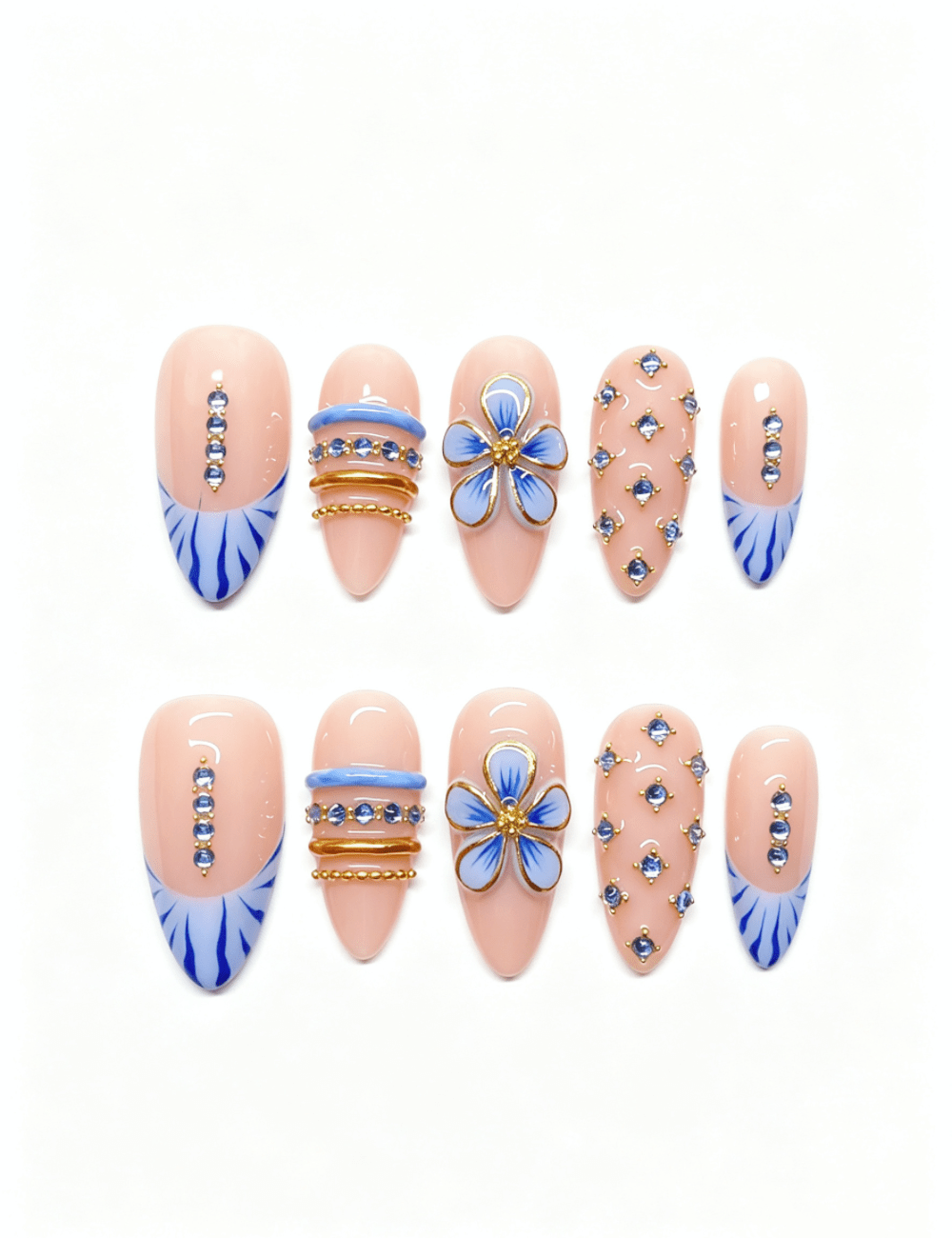 Blue Blossom French Press-On Nails | Nude Floral Almond Nail Set
