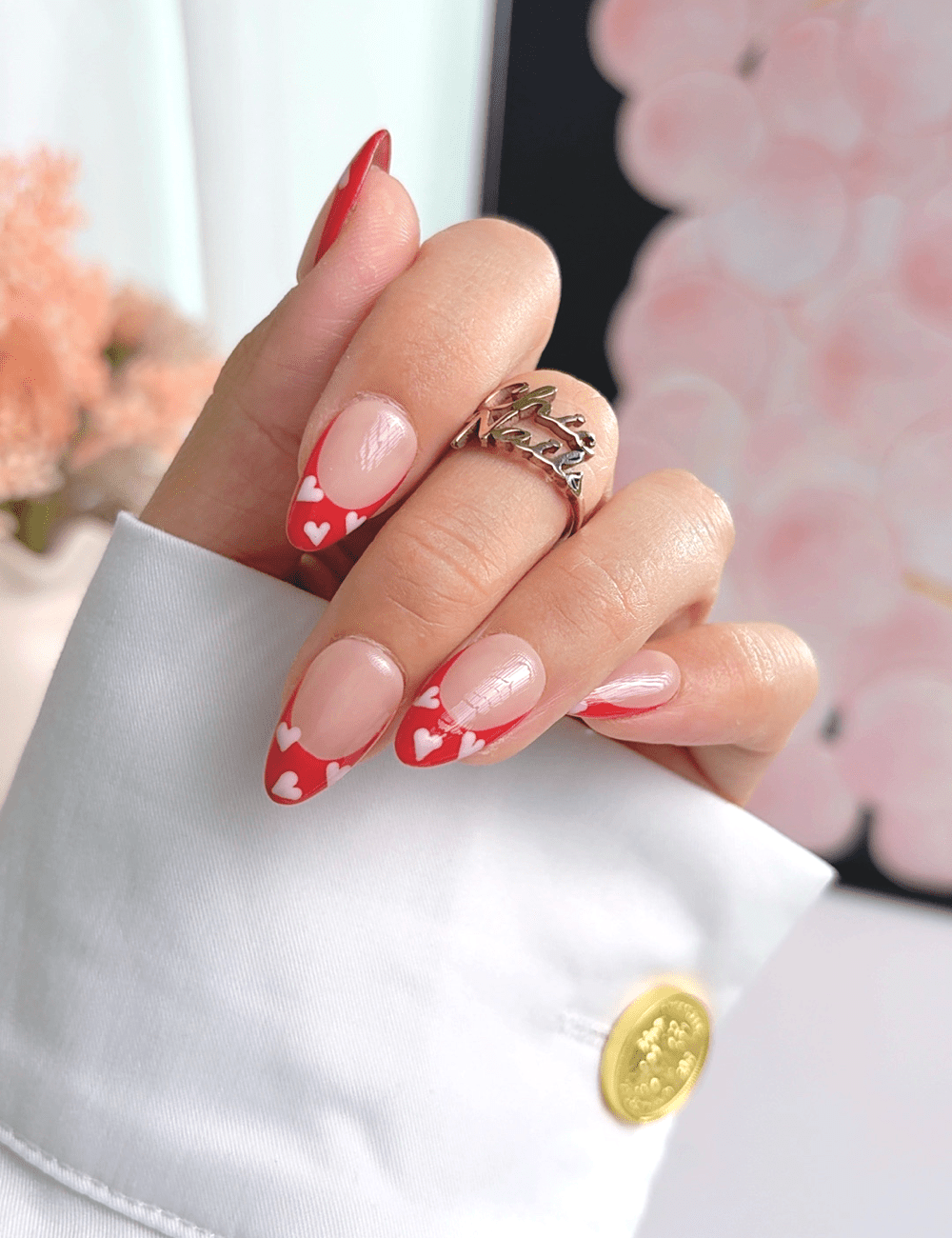 Red Heart French Press On Nails | Nude Short Almond Nails | Valentine Heart Design | Handmade Press On Nails