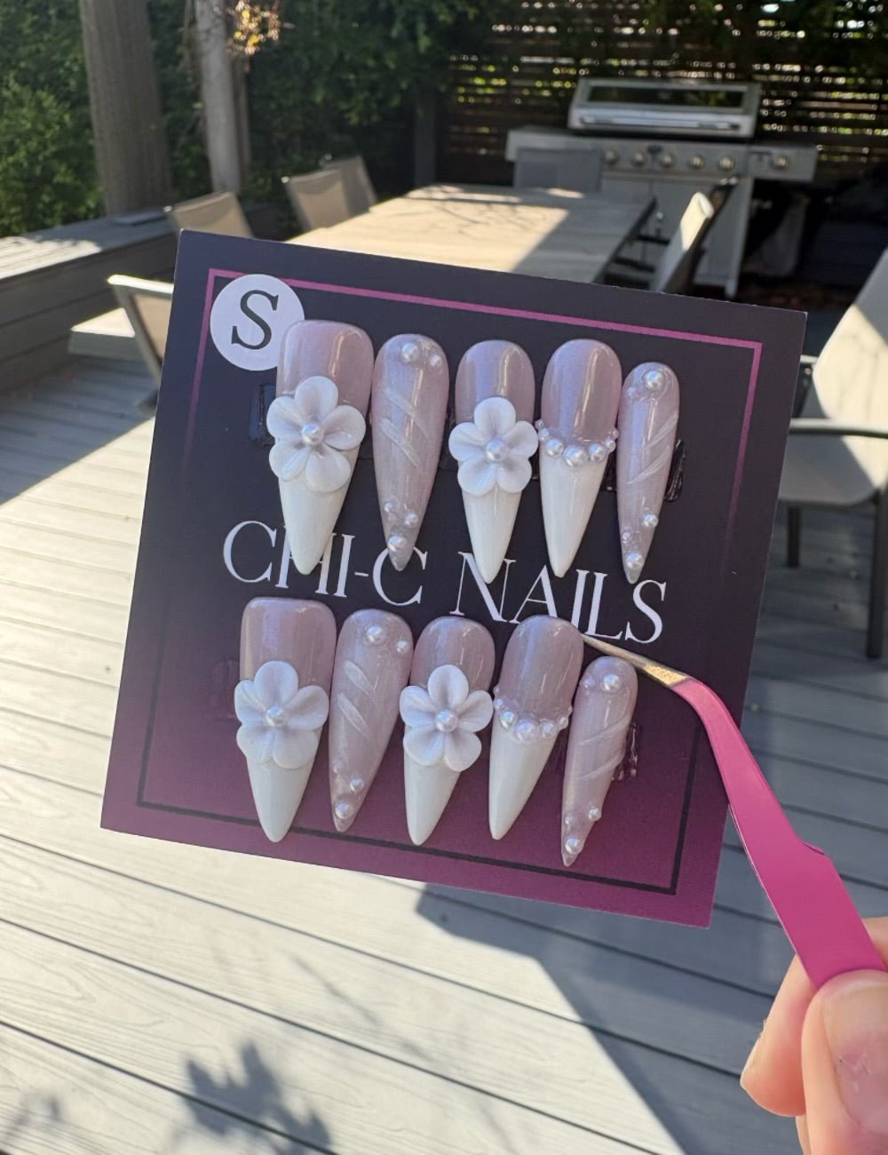 Stiletto Nude Pink Press-On Nails – White French Tip 3D Floral Elegant Nails