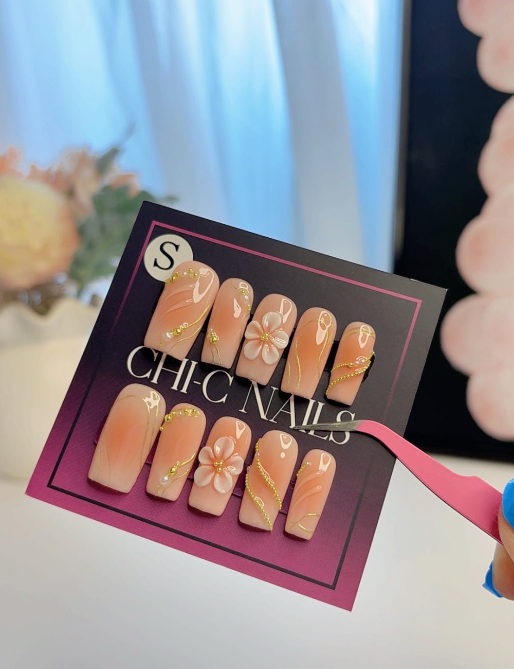 Handmade Peach Apron 3D Floral Long Square Press-On Nails