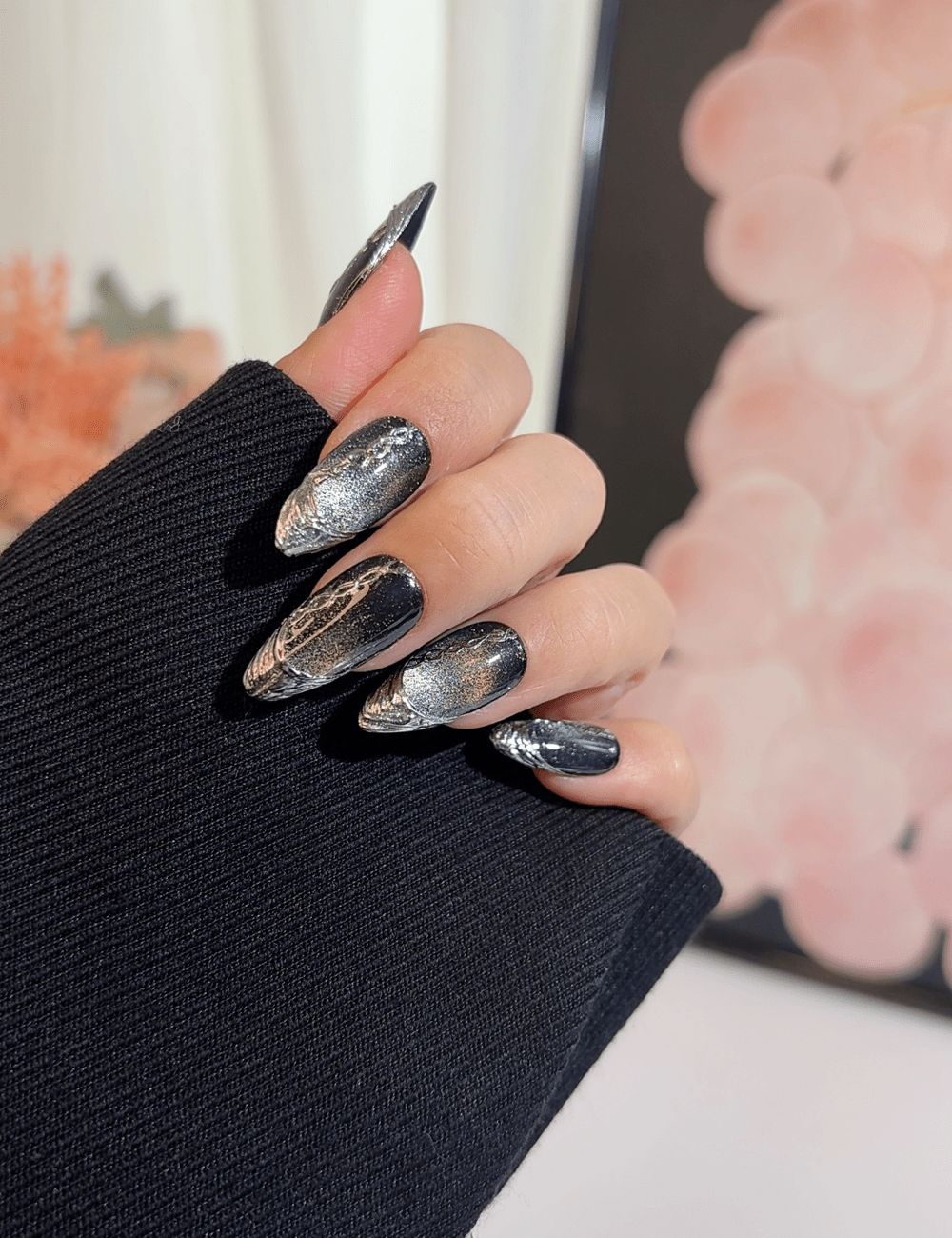 Black & Silver Metallic Press-On Nails – Medium Almond | Galaxy Chrome Design